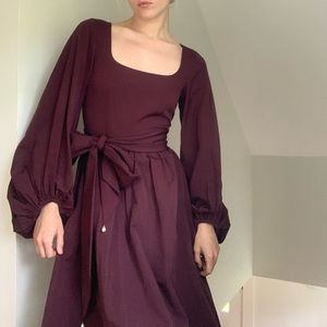 Staud Plum Long Sleeve Dress w Pearl Tie Size S